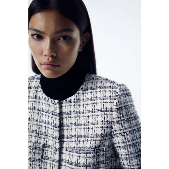 White/Black Plaid Boucle Jacket Size S - Picture 2 of 8